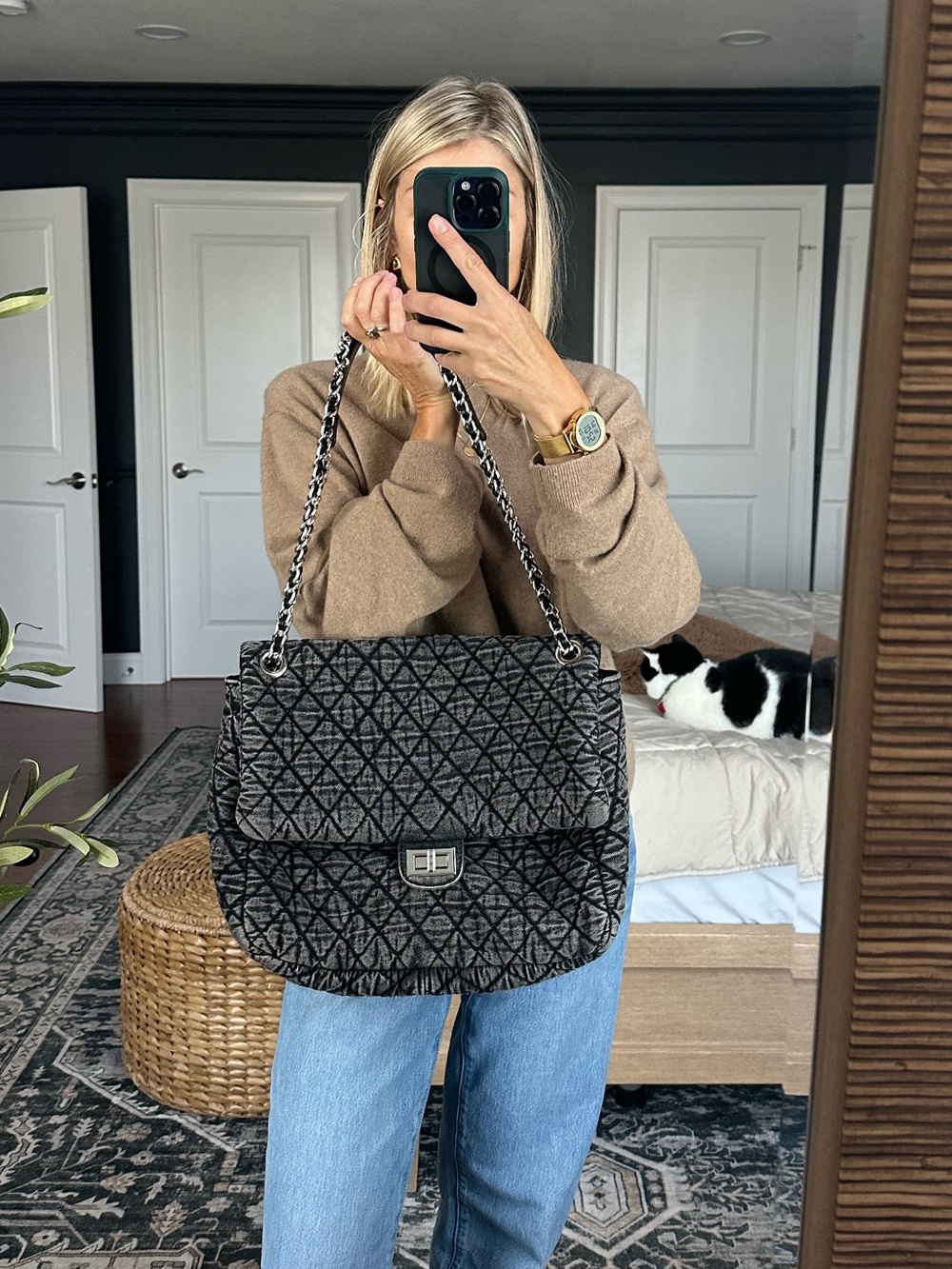 Quilted Denim look Chain-Handle Shoulder Bag - Black/Grey